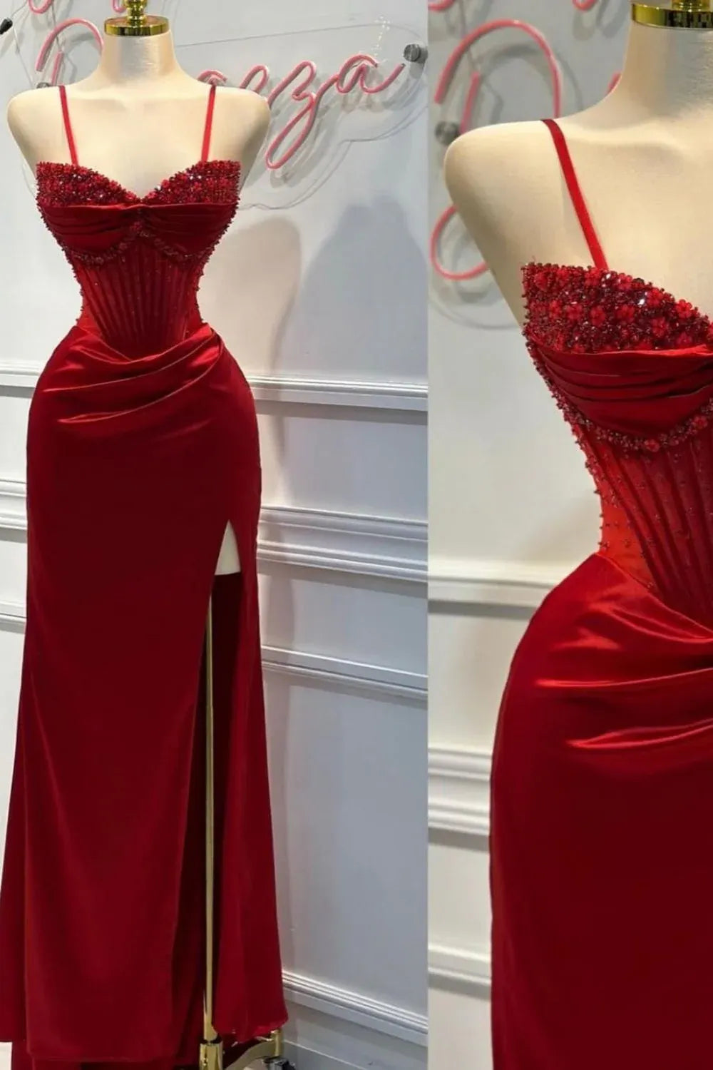 Sparkling Satin Long Evening Dress Red Sweetheart Sleeveless Party Gown for Women
