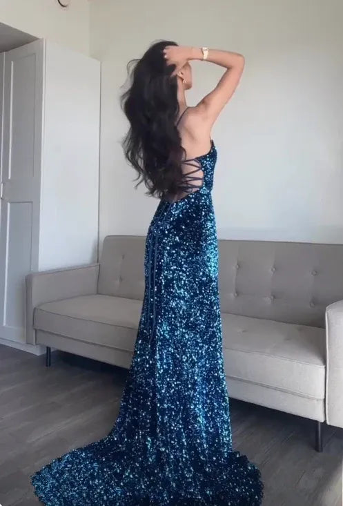 Sparkling Sequin Floor-Length Evening Dress Navy Square-Neck Spaghetti-Strap for Women