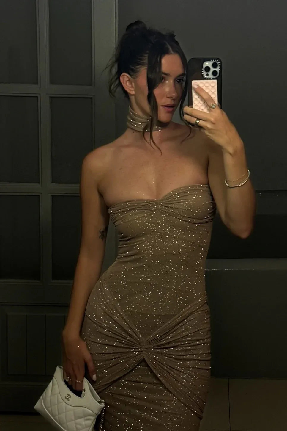 Sparkling Sequin Maxi Evening Dress Champagne Strapless Choker for Women