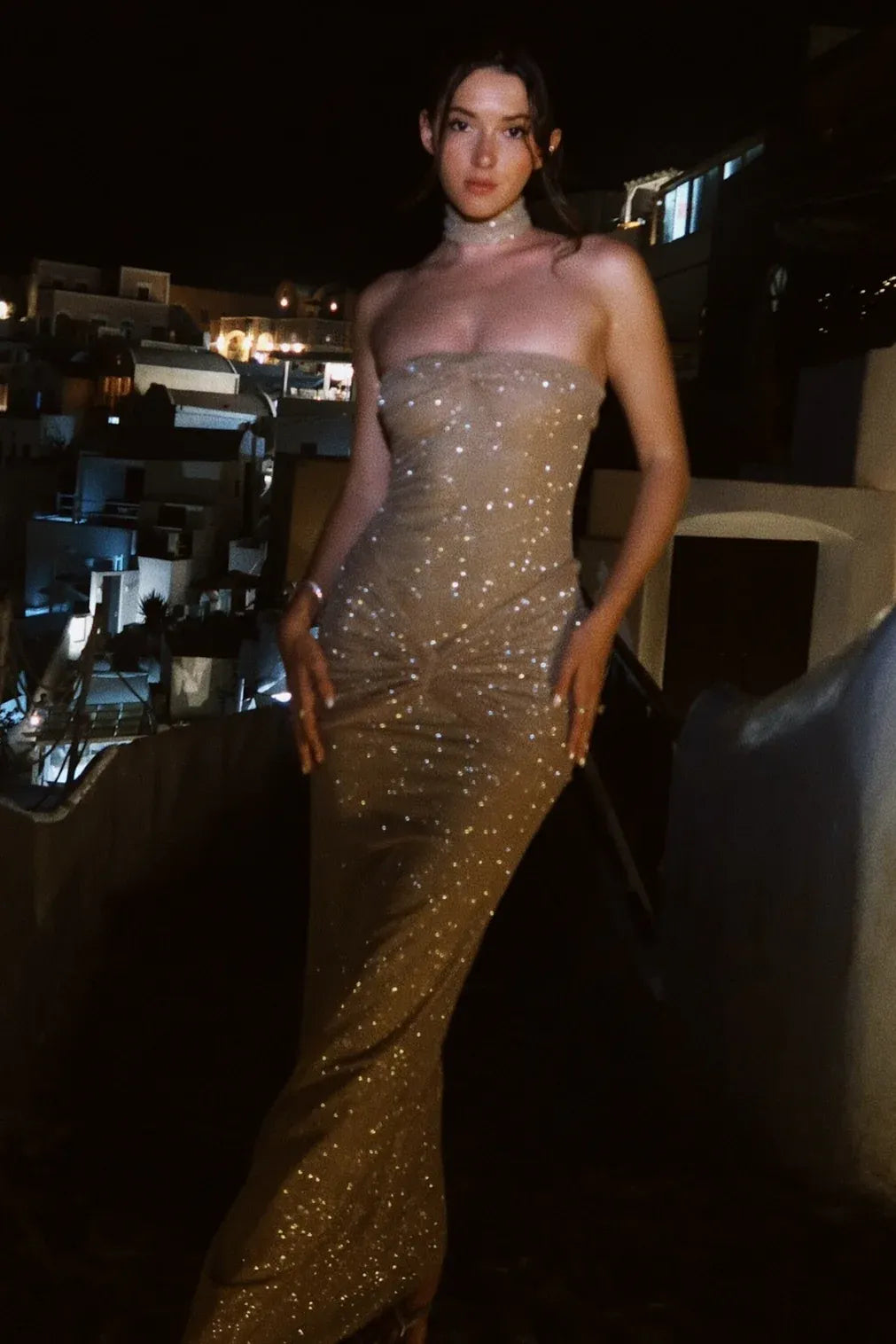 Sparkling Sequin Maxi Evening Dress Champagne Strapless Choker for Women