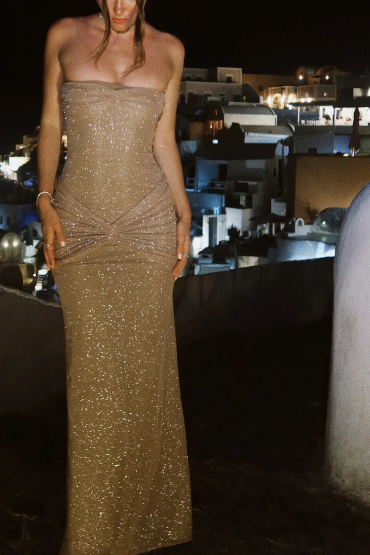 Sparkling Sequin Maxi Evening Dress Champagne Strapless Choker for Women