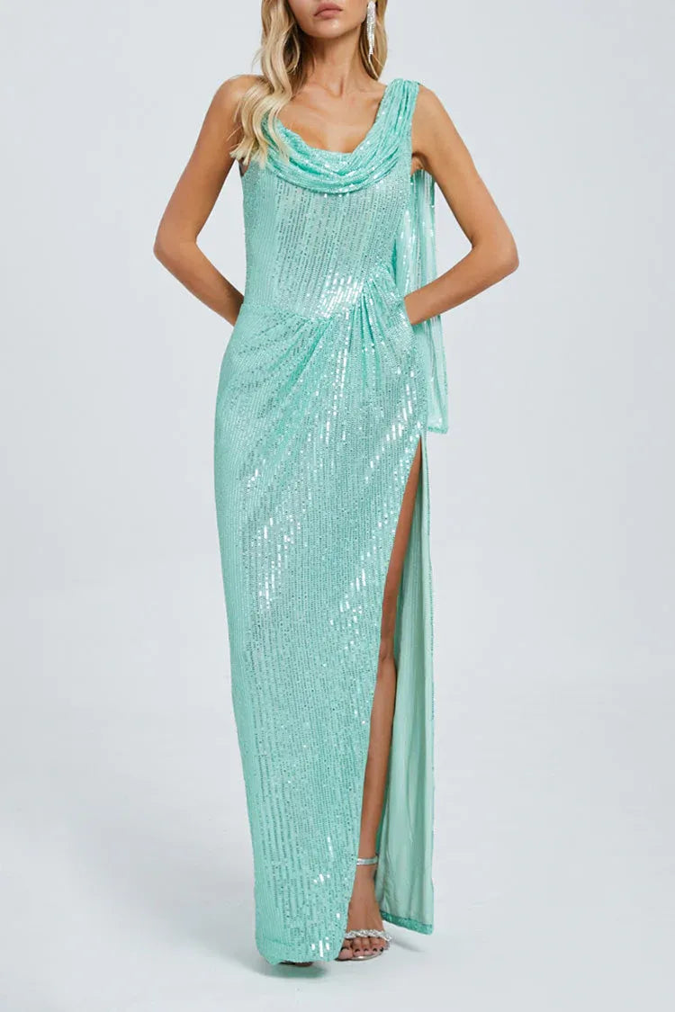 Sparkling Sheath One-Shoulder Sleeveless Sequin Mint Floor-Length Evening Dress for Women