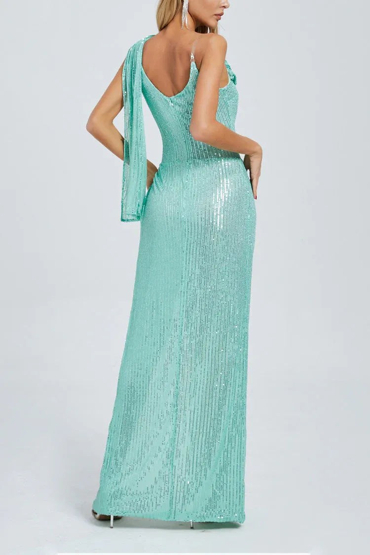 Sparkling Sheath One-Shoulder Sleeveless Sequin Mint Floor-Length Evening Dress for Women