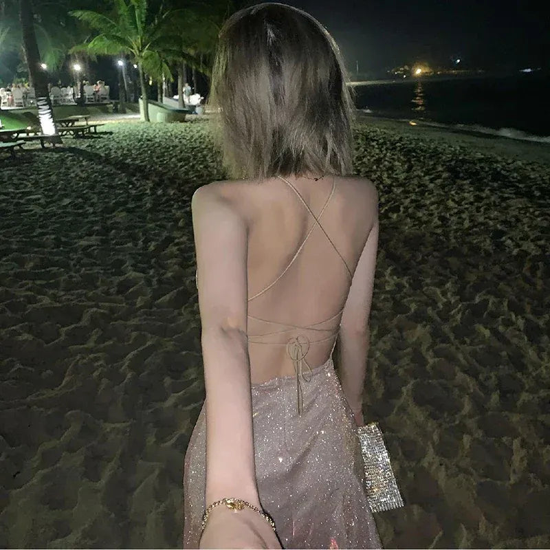 Sparkling Sheath Spaghetti Crisscross Champagne Asymmetrical Party Dress For Sale