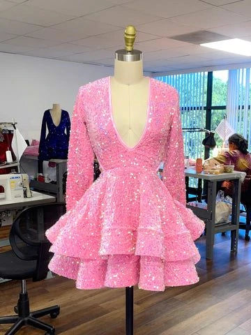 Sparkling A-Line Deep V-Neck Long Sleeve Tiered Sequin Pink Short Homecoming Dress