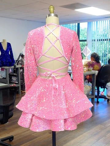 Sparkling A-Line Deep V-Neck Long Sleeve Tiered Sequin Pink Short Homecoming Dress