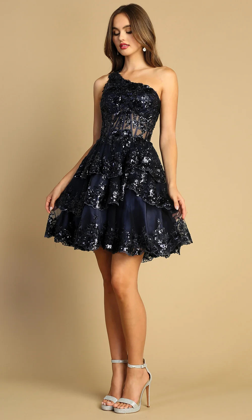 Sparkling A-Line One-Shoulder Sequin Tiered Black Short Homecoming Dress