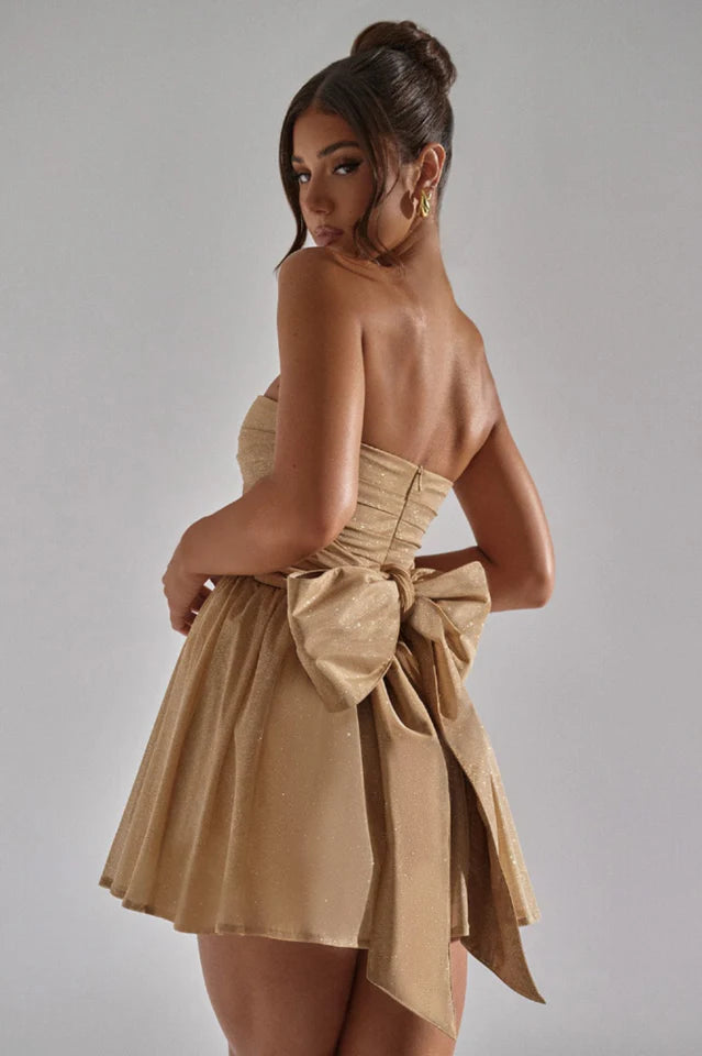 Sparkling A-Line Strapless Ruched Bow Glitter Gold Short Homecoming Dresses