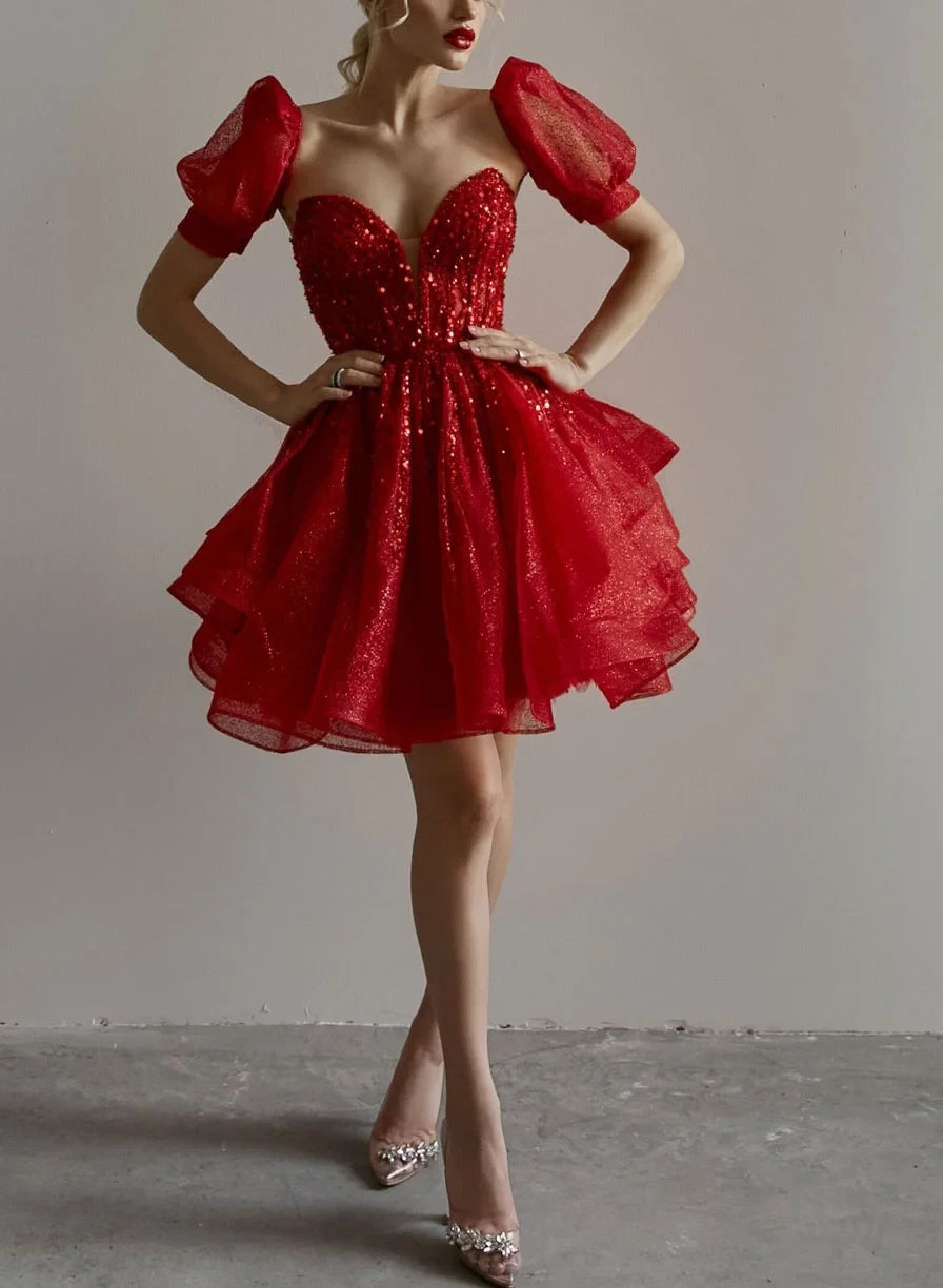 Sparkling A-Line Sweetheart Puffy Sleeves Layers Sequin Red Short Homecoming Dresses