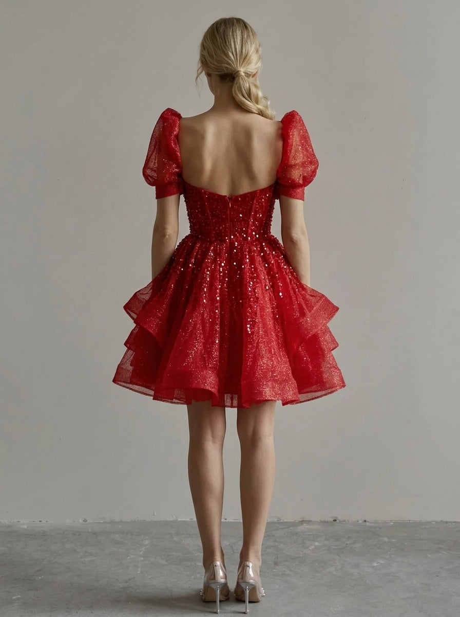 Sparkling A-Line Sweetheart Puffy Sleeves Layers Sequin Red Short Homecoming Dresses