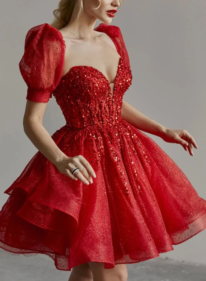 Sparkling A-Line Sweetheart Puffy Sleeves Layers Sequin Red Short Homecoming Dresses