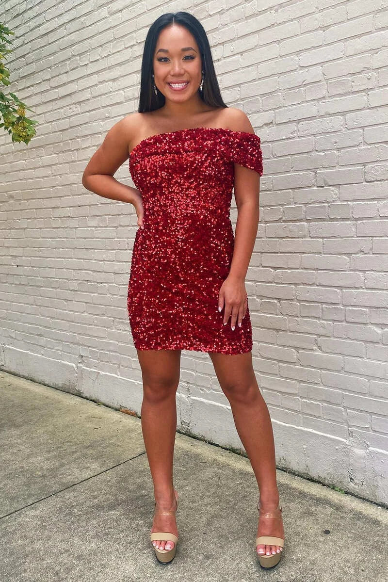 Sparkling Bodycon Off-Shoulder Ruched Sequin Red Mini Homecoming Dress