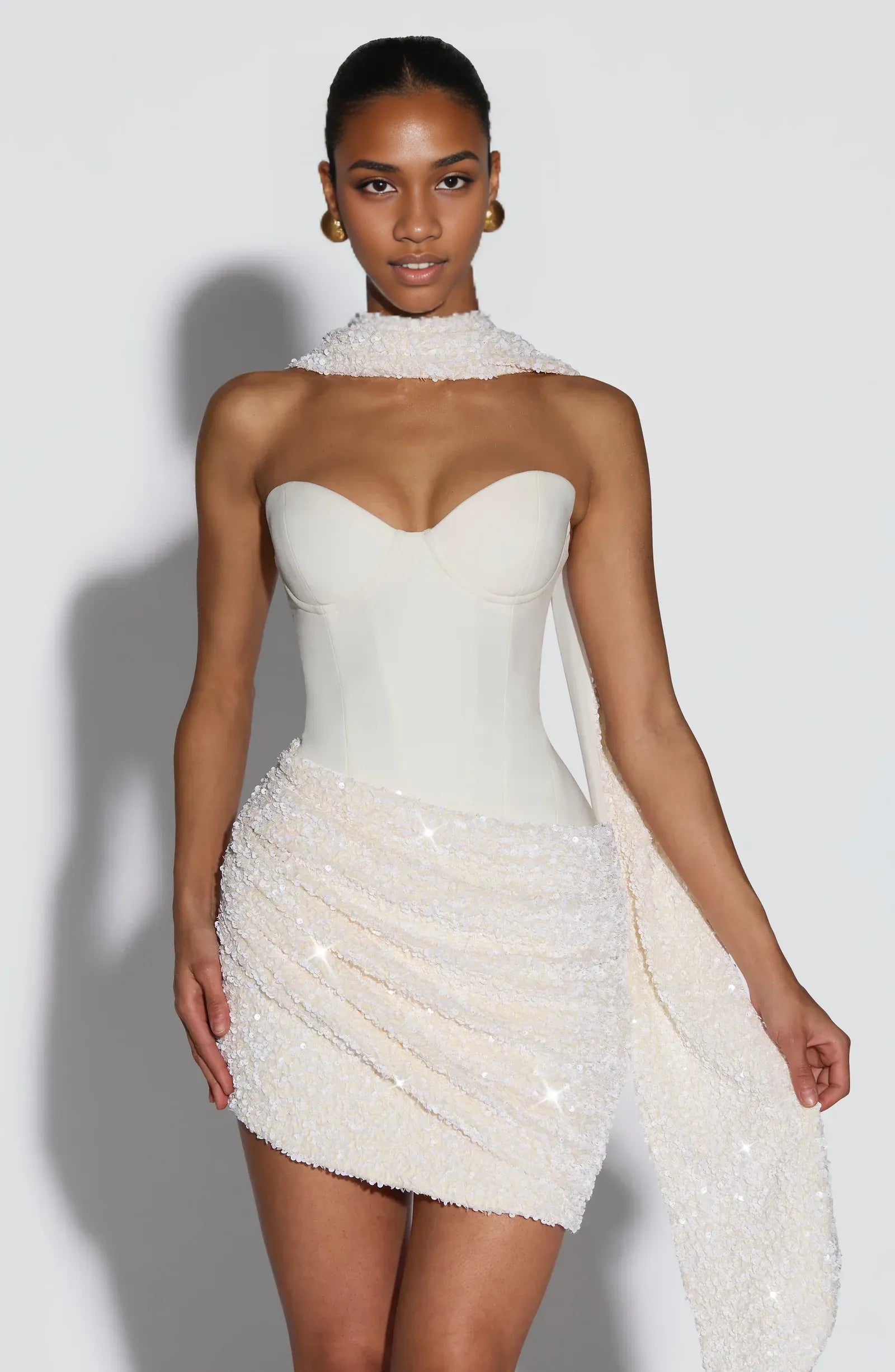 Sparkling Fitted Sweetheart Corset Draped Sequin Ivory Mini Homecoming Dresses
