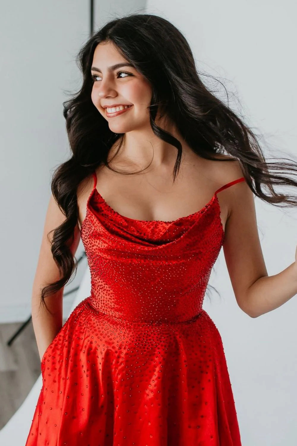 Sparkly A-Line Cowl Neck Beaded Red Short Homecoming Dress With Pockets