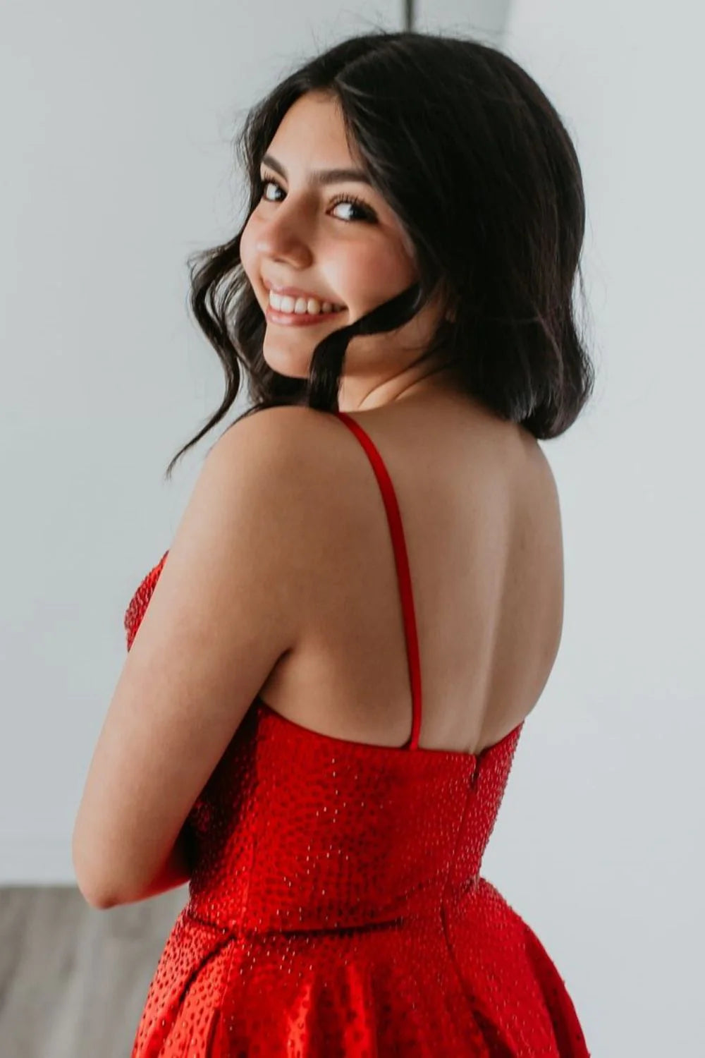 Sparkly A-Line Cowl Neck Beaded Red Short Homecoming Dress With Pockets