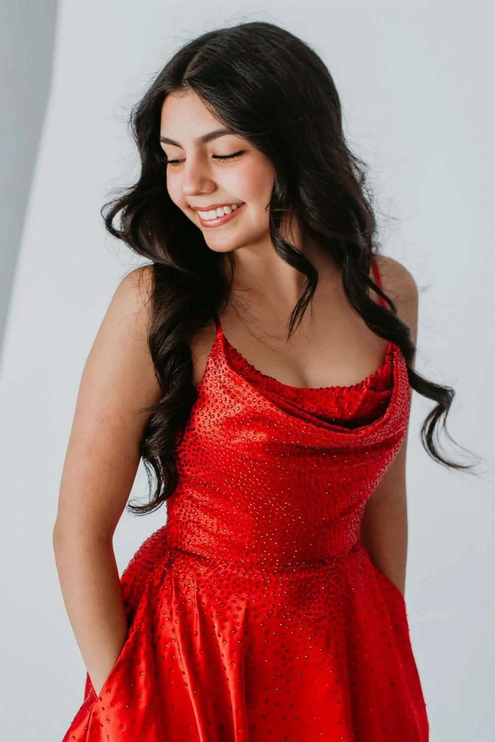 Sparkly A-Line Cowl Neck Beaded Red Short Homecoming Dress With Pockets