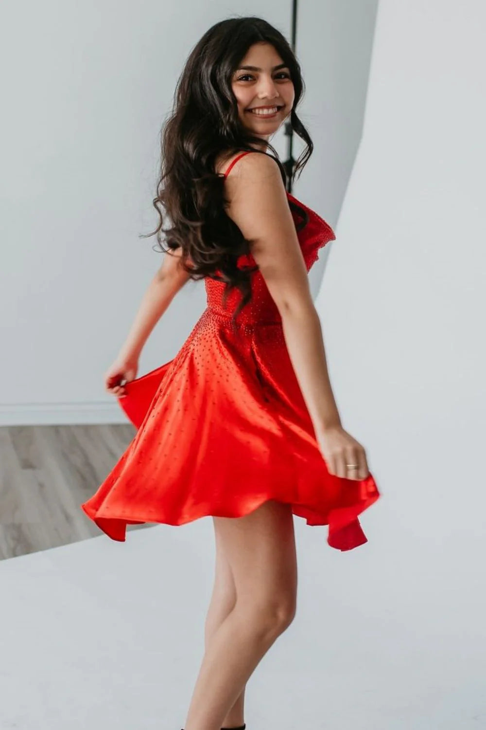 Sparkly A-Line Cowl Neck Beaded Red Short Homecoming Dress With Pockets
