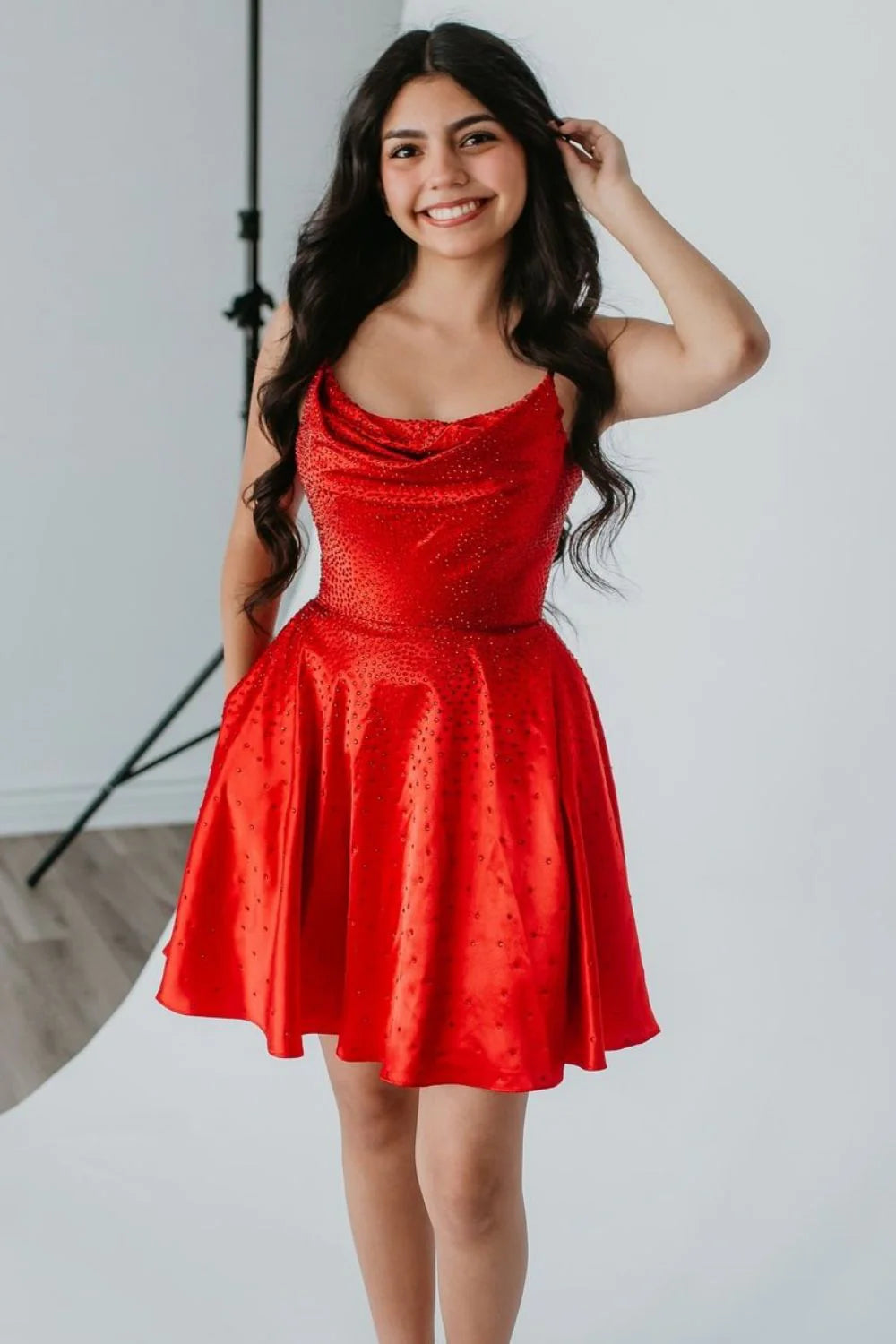 Sparkly A-Line Cowl Neck Beaded Red Short Homecoming Dress With Pockets