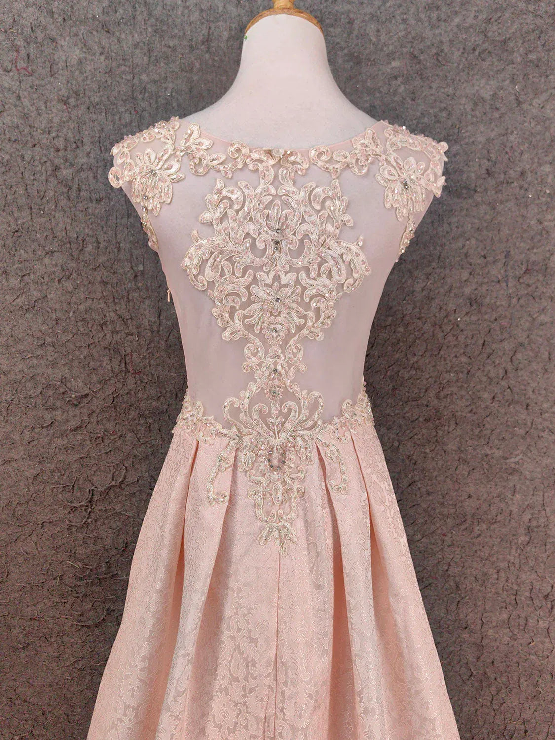 Sparkly A-Line Illusion Neck Beaded Lace Champagne Train Prom Dress For Sale
