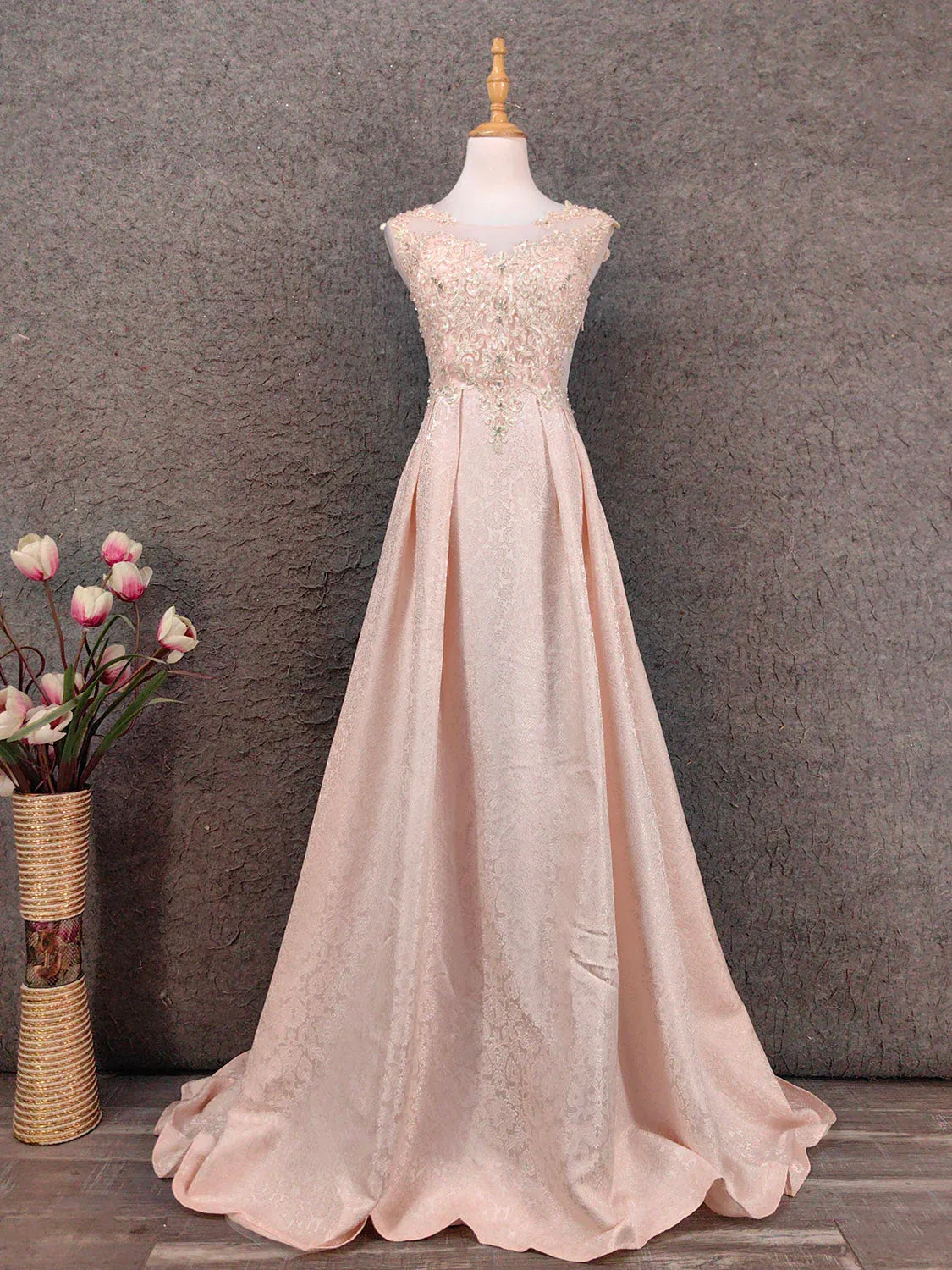 Sparkly A-Line Illusion Neck Beaded Lace Champagne Train Prom Dress For Sale