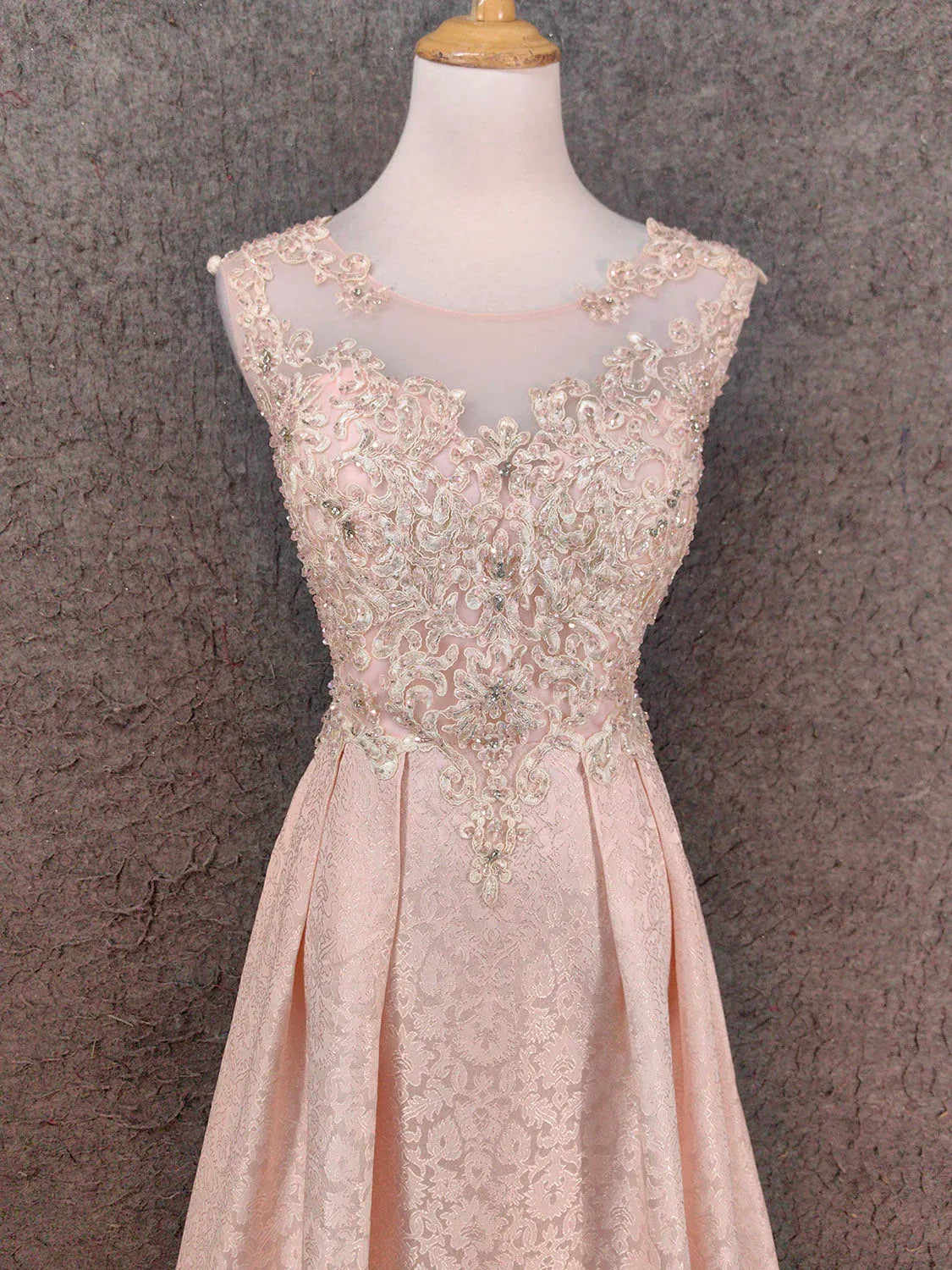 Sparkly A-Line Illusion Neck Beaded Lace Champagne Train Prom Dress For Sale