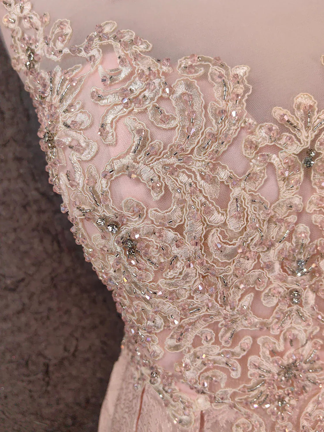 Sparkly A-Line Illusion Neck Beaded Lace Champagne Train Prom Dress For Sale