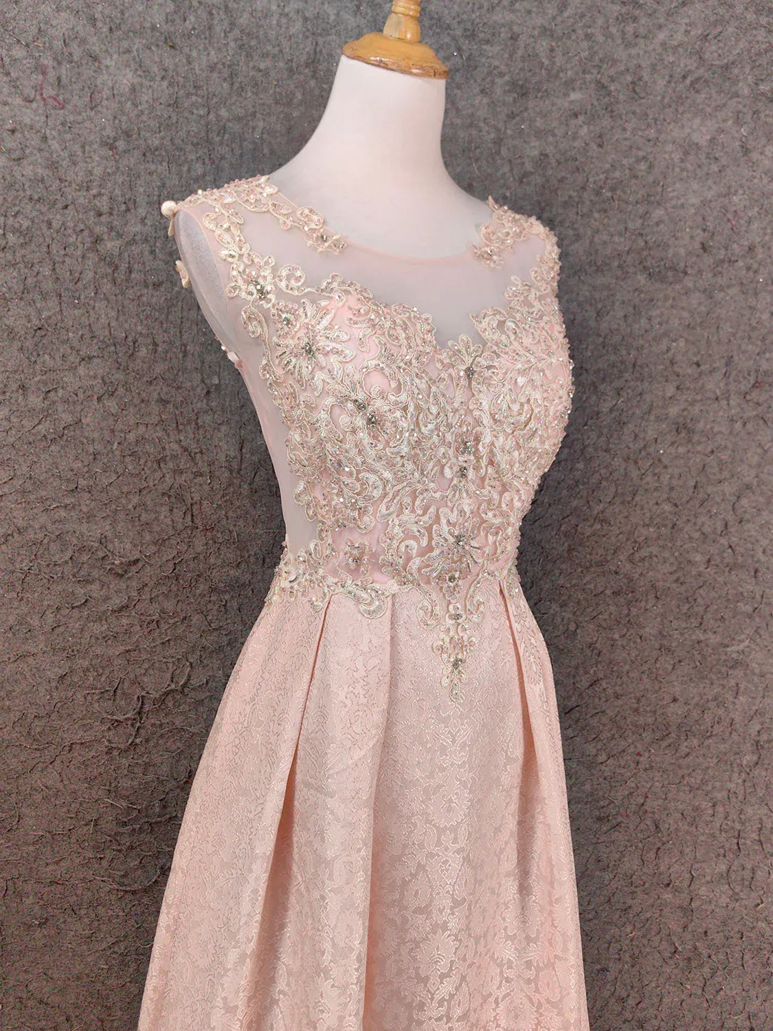 Sparkly A-Line Illusion Neck Beaded Lace Champagne Train Prom Dress For Sale