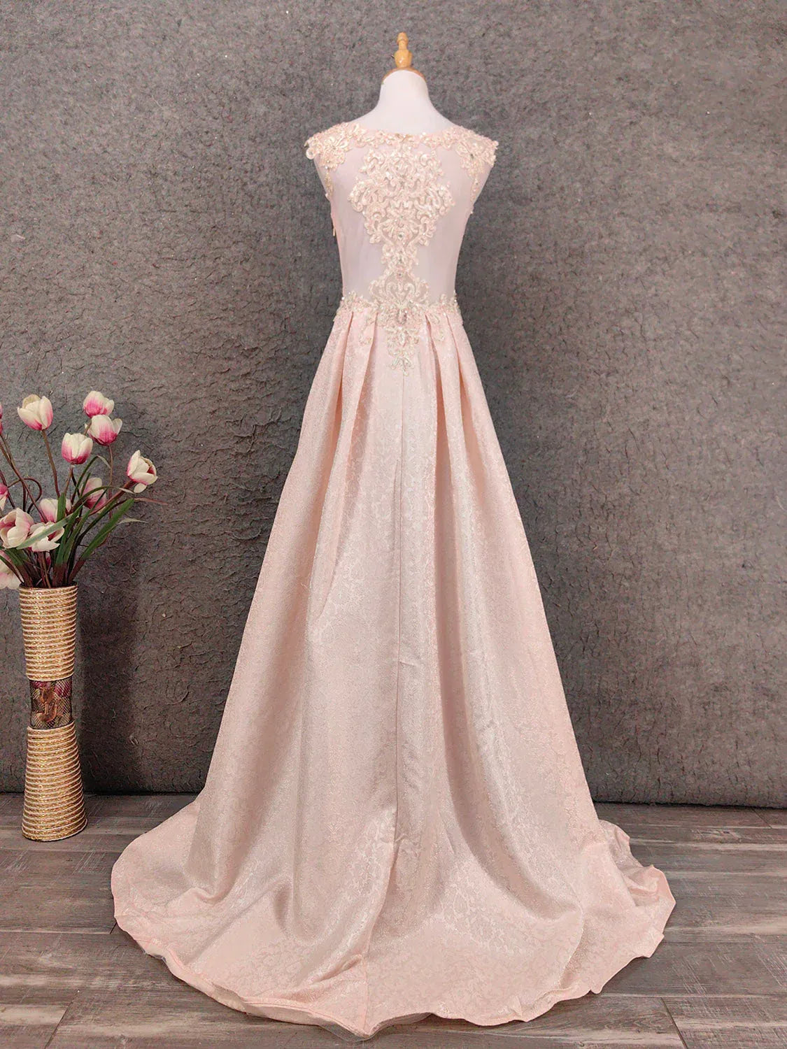 Sparkly A-Line Illusion Neck Beaded Lace Champagne Train Prom Dress For Sale