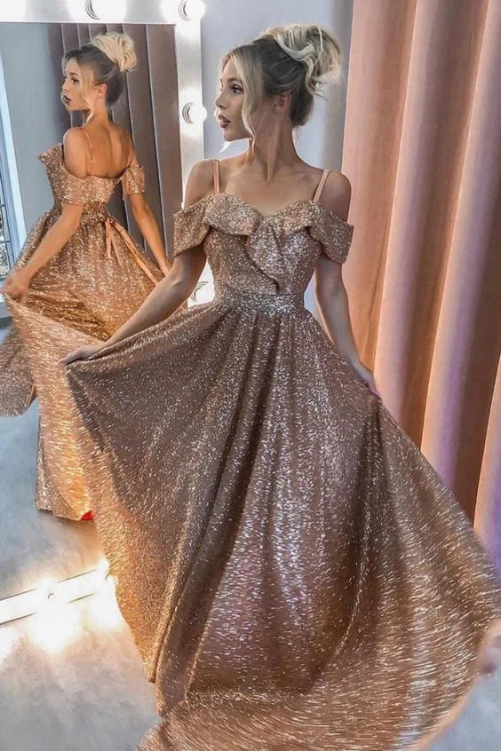 Sparkly A-line Off The Shoulder Ruffle Sequins Gold Long Prom Dress
