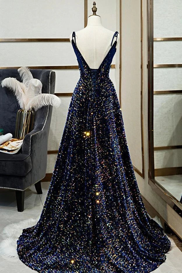 Sparkly A Line Spaghetti Straps Sequins Black Floor Length Prom Dress