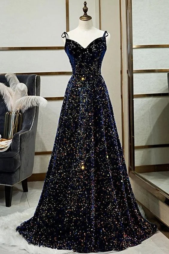 Sparkly A Line Spaghetti Straps Sequins Black Floor Length Prom Dress