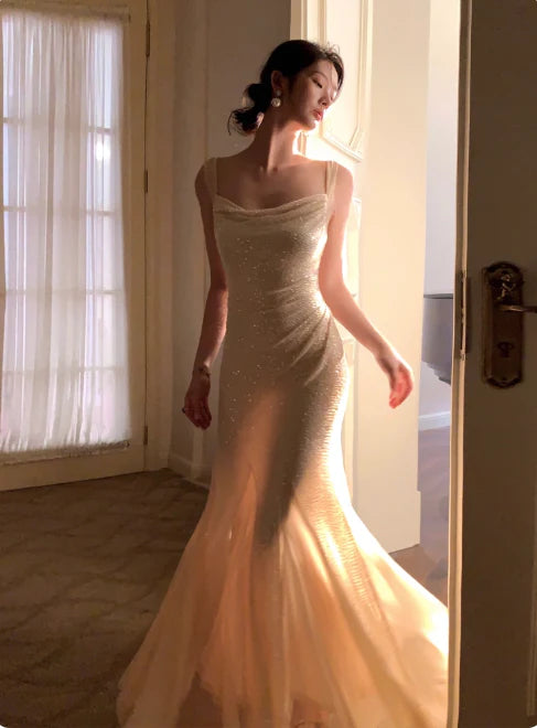 Sparkly Mermaid Cowl Neck Sleeveless Evening Dress Wedding Guest Dress
