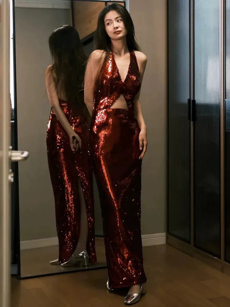 Sparkly Mermaid Halter Neck Sleeveless Cutout Sequin Rust Red Maxi Prom Dress for Women Hot Sale