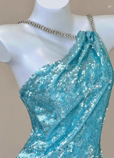 Sparkly Mermaid Halter Open Back Sequin Blue Evening Dress Prom Dress
