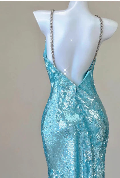 Sparkly Mermaid Halter Open Back Sequin Blue Evening Dress Prom Dress