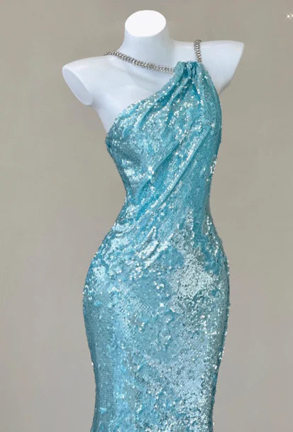 Sparkly Mermaid Halter Open Back Sequin Blue Evening Dress Prom Dress