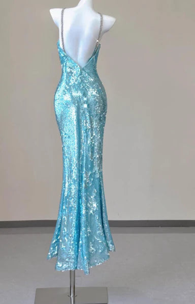 Sparkly Mermaid Halter Open Back Sequin Blue Evening Dress Prom Dress