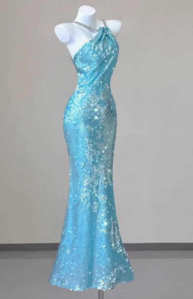 Sparkly Mermaid Halter Open Back Sequin Blue Evening Dress Prom Dress