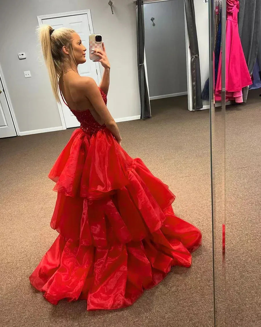Sparkly Mermaid One-Shoulder Tiered High-Slit Sequin Red Evening Dress With Train