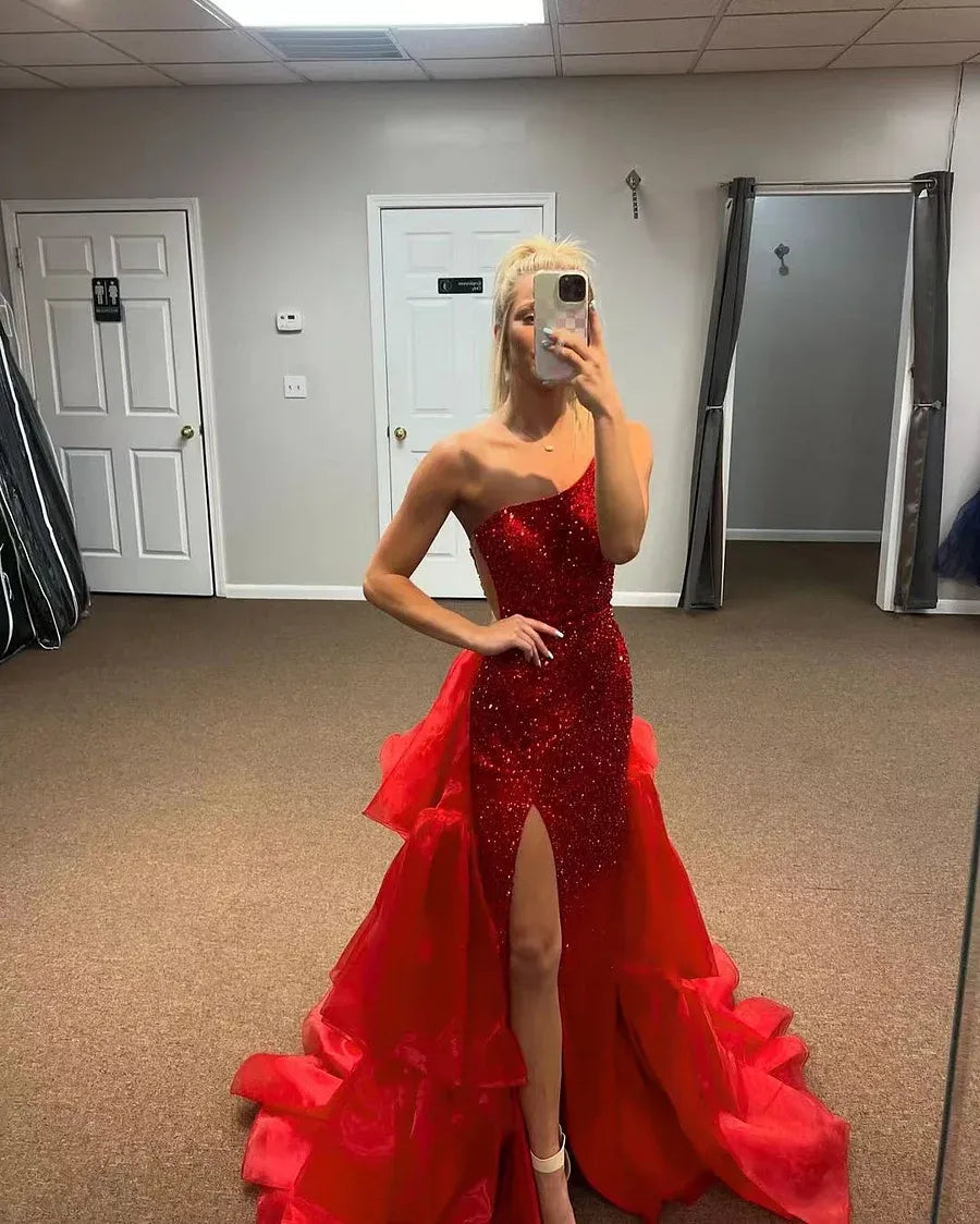 Sparkly Mermaid One-Shoulder Tiered High-Slit Sequin Red Evening Dress With Train