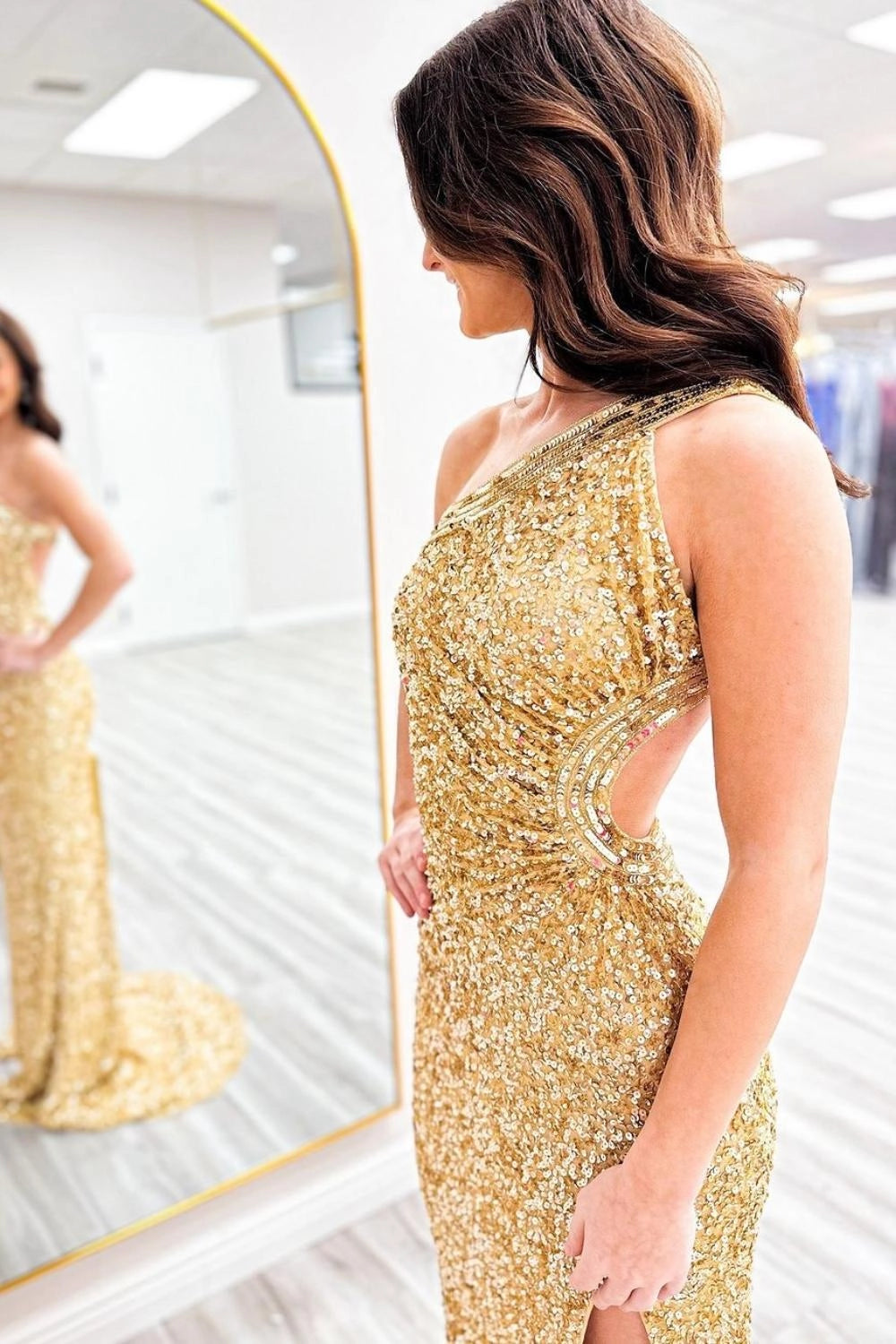 Sparkly Mermaid One Shoulder Keyhole Back Sequins Golden Prom Dress