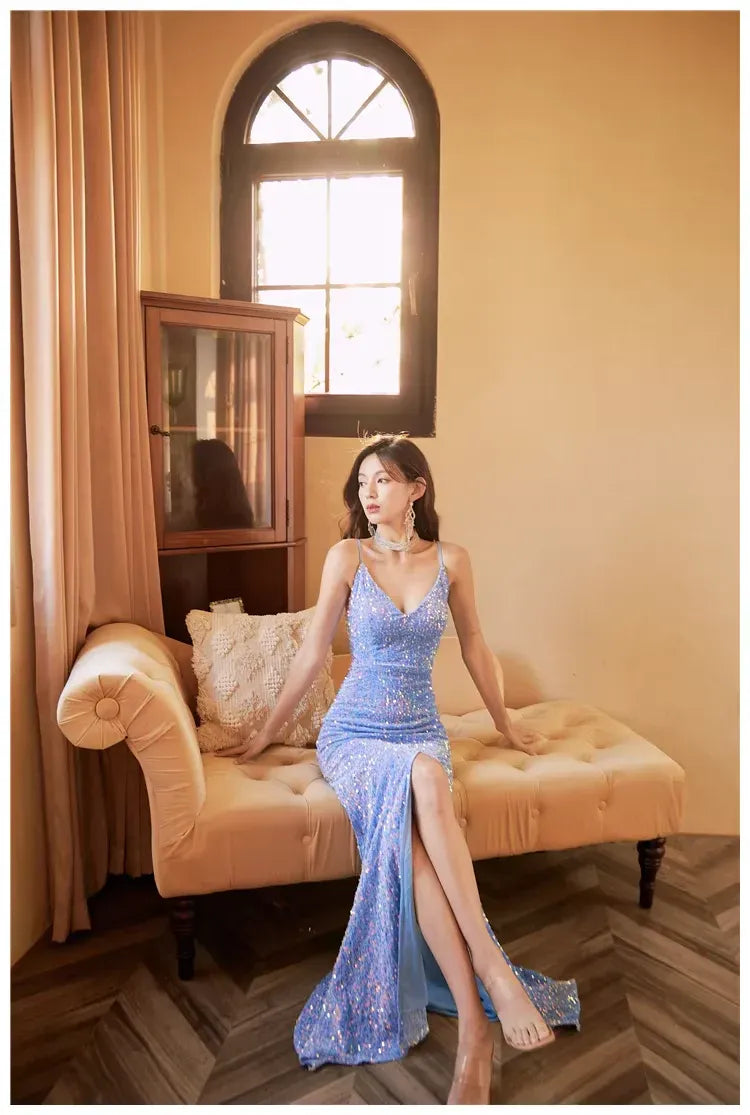 Sparkly Mermaid Spaghetti Strap Sequin Iridescent Blue Long Prom Dress