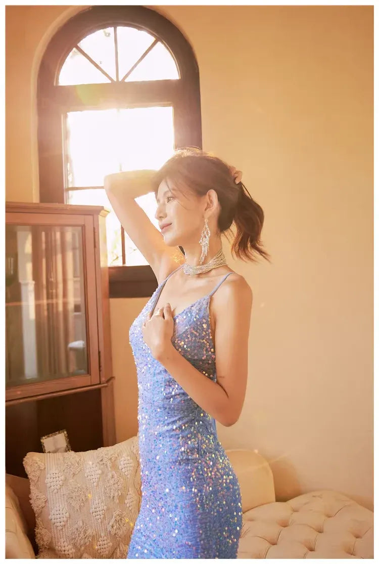 Sparkly Mermaid Spaghetti Strap Sequin Iridescent Blue Long Prom Dress