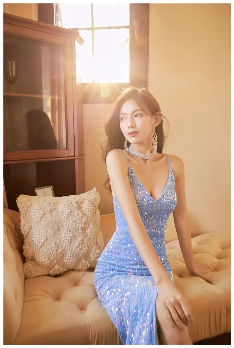 Sparkly Mermaid Spaghetti Strap Sequin Iridescent Blue Long Prom Dress