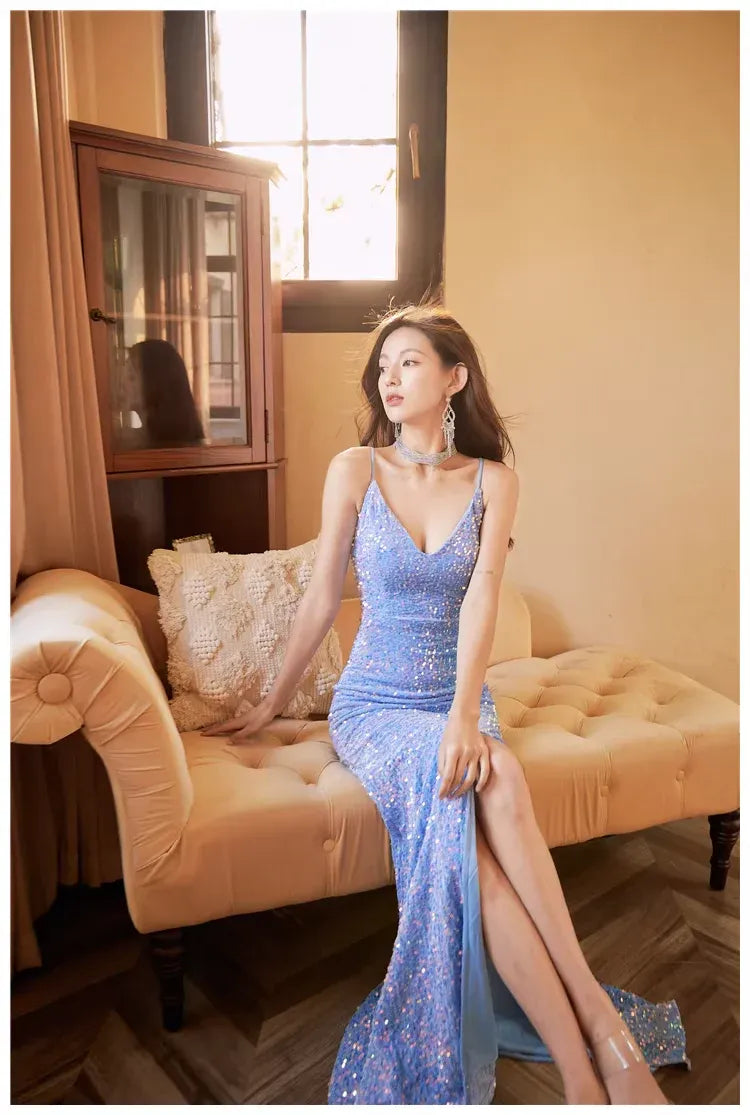 Sparkly Mermaid Spaghetti Strap Sequin Iridescent Blue Long Prom Dress