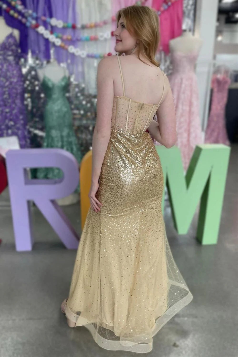 Sparkly Mermaid Spaghetti Straps Corset Gold Prom Dress With Split