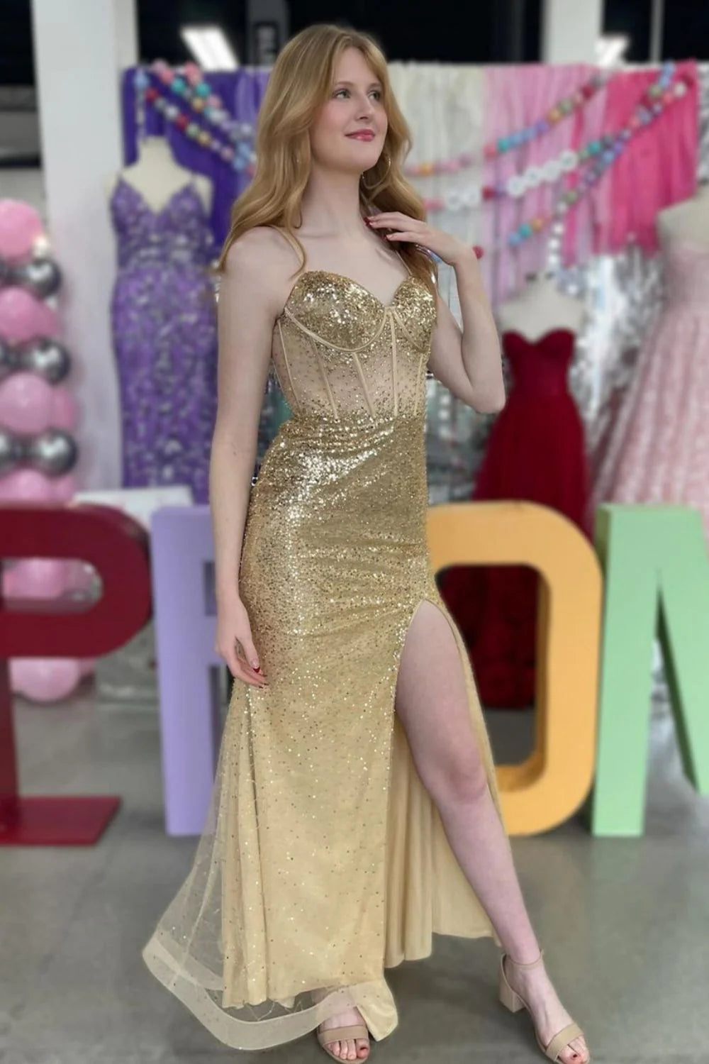 Sparkly Mermaid Spaghetti Straps Corset Gold Prom Dress With Split
