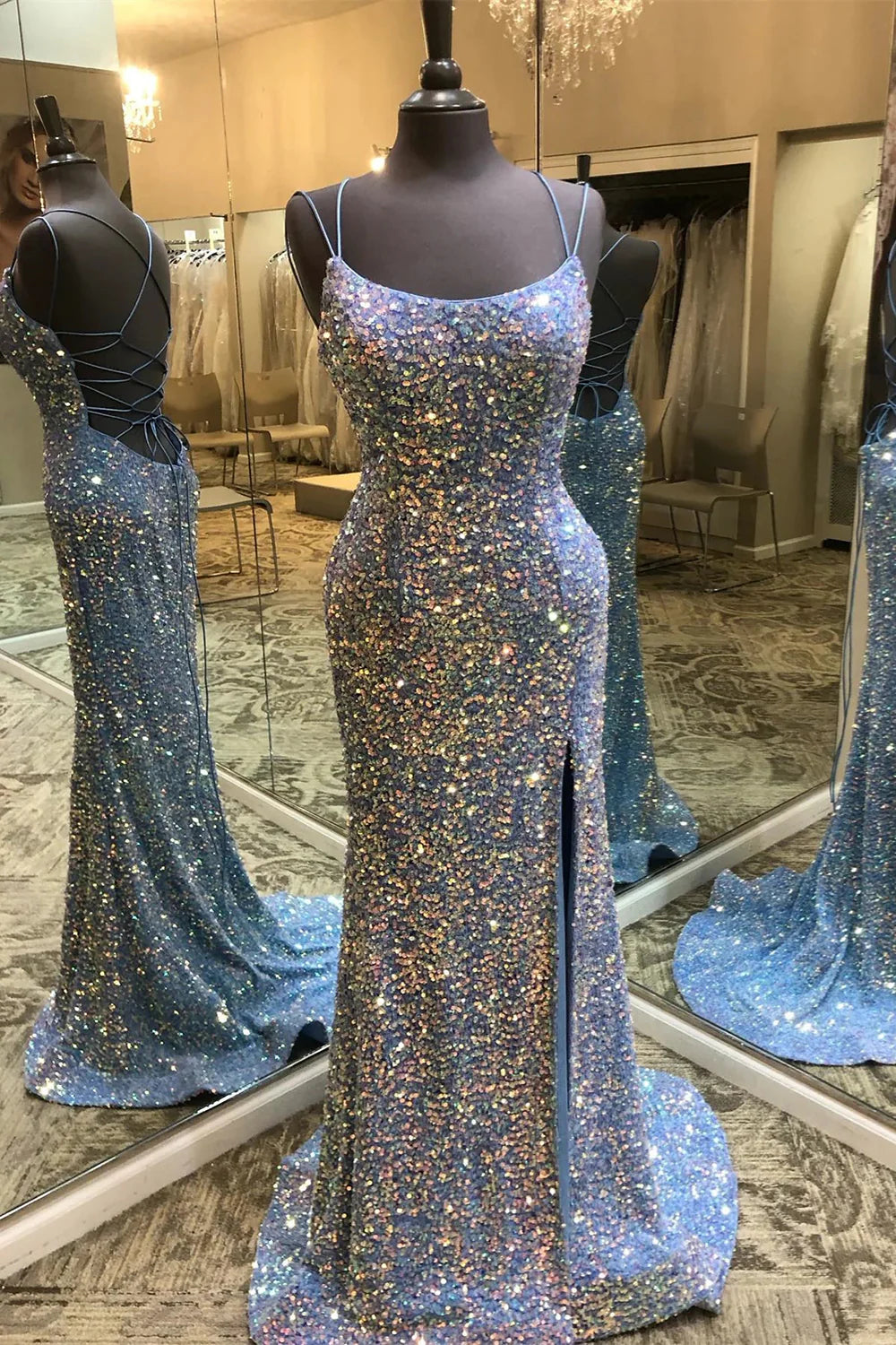 Sparkly Mermaid Spaghetti Straps Criss-Cross Back Sequins Blue Prom Dress
