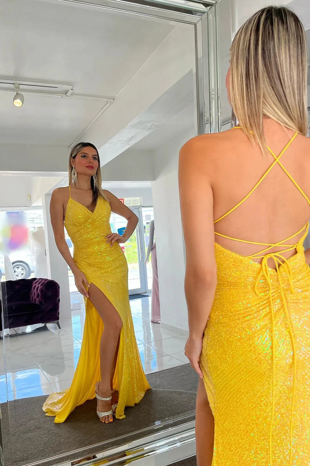 Sparkly Mermaid Spaghetti Straps Pleated Sequins Yellow Prom Dress With Split