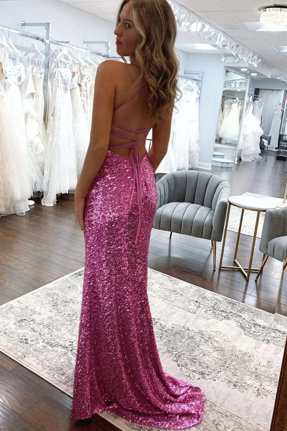 Sparkly Mermaid Spaghetti Straps Sequin Pink Prom Dress With Split